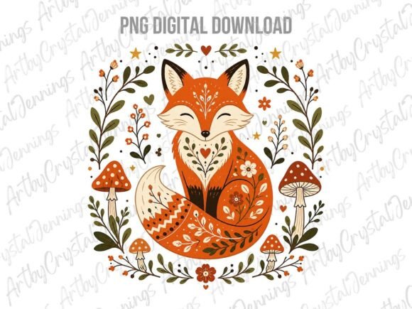 Download Folk Art Fox and Woodland Mushrooms PNG - Mushrooms Collection