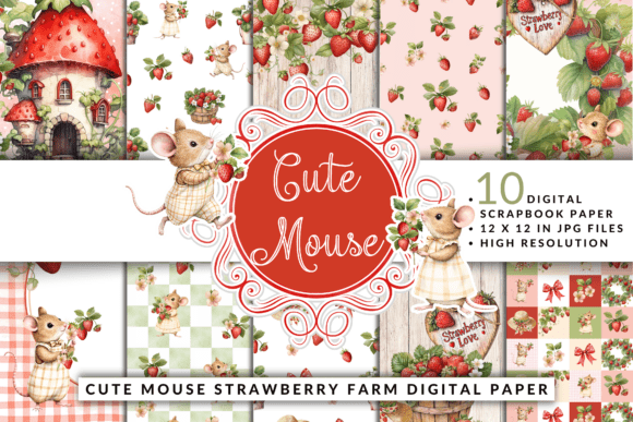 Download Cute Mouse Strawberry Farm Digital Paper - Berry Collection